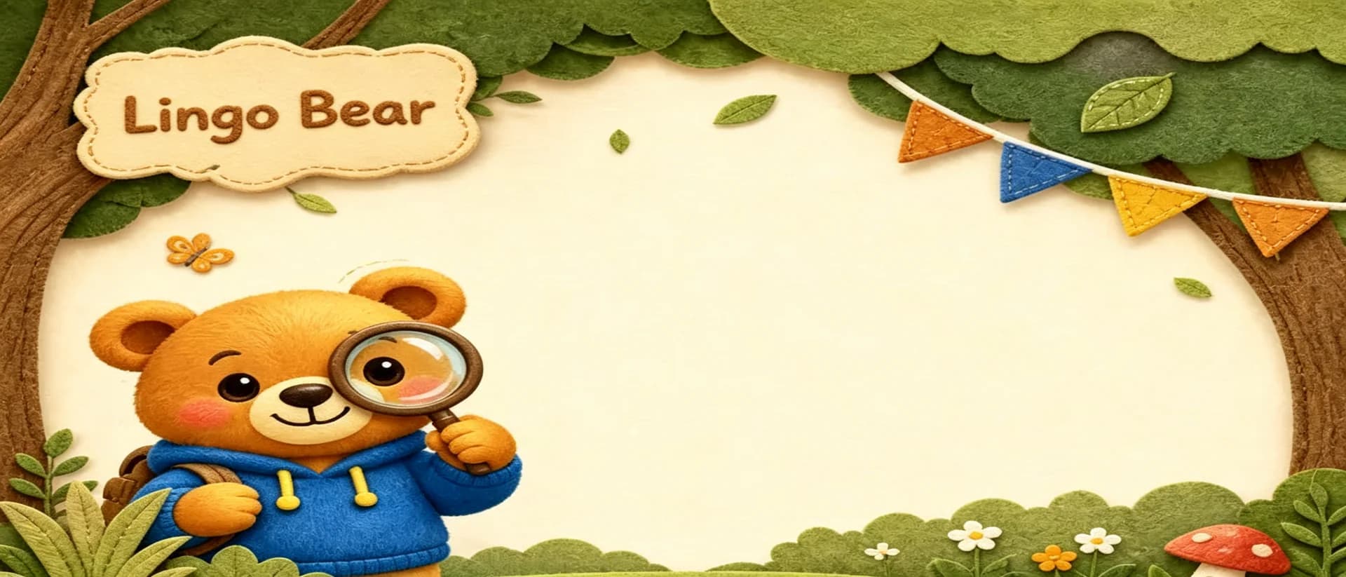 Lingo Bear exploring a handmade felt forest with a magnifying glass